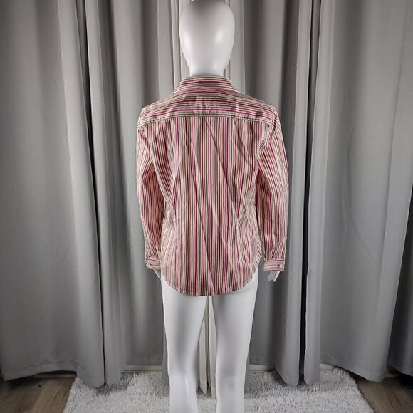 Liz Claiborne 100% Cotton White Tan Pink Striped Button Down Shirt Size Petite M - Picture 3 of 14